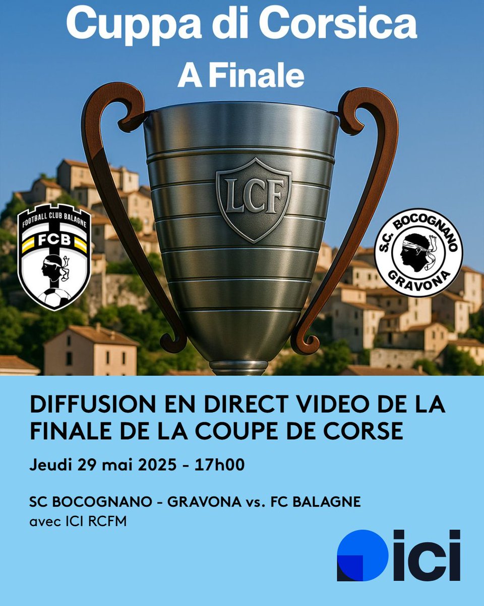 A l'occasion de la Finale de la Coupe de Corse de football, RCFM vous propose la diffusion en direct vidéo sur son Facebook Officiel de la rencontre entre le SC Bocognano-Gravona et le FC Balagne 🏆🎥

Retrouvez également ce choc sommet sur notre antenne à partir de 17 h 🎙