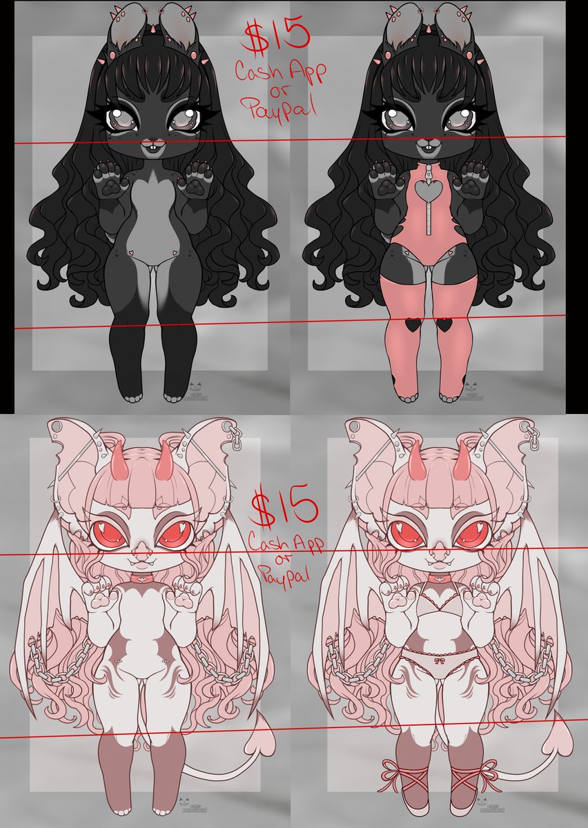 Cuties
$15 each
P@y/pal or C@sh/app
Flat chest and 'barbie' boob versions included.

Designs by Me
base by @/malaikatsune