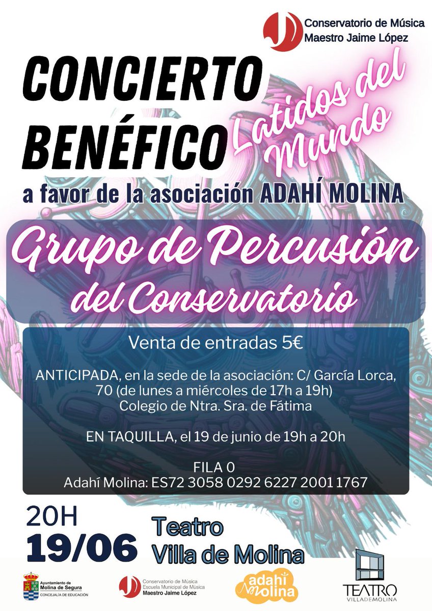 "Apoya a @AdahiMolina con música. El Grupo de Percusión del Conservatorio te espera el 19/06/25 en el Teatro Villa de Molina. Entradas 5€ o Fila 0. ¡Tu latido cuenta! ¡No te lo pierdas!. Si no puedes asistir puedes contribuir con la Fila 0 #ConciertoBenefico #Solidaridadtdah.