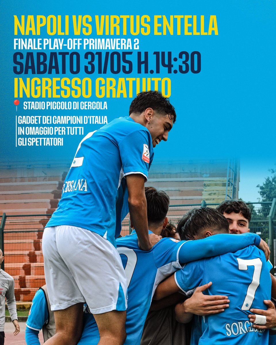 🔥 Finale Playoff Primavera 2
🆚 Napoli vs Virtus Entella
📍 Stadio Piccolo, Cercola
🕝 Sabato 31/5 ore 14:30 - Ingresso Gratuito

È il momento di stringerci attorno ai nostri ragazzi! Riempite gli spalti, fate sentire la voce del popolo azzurro. Insieme, verso la promozione in