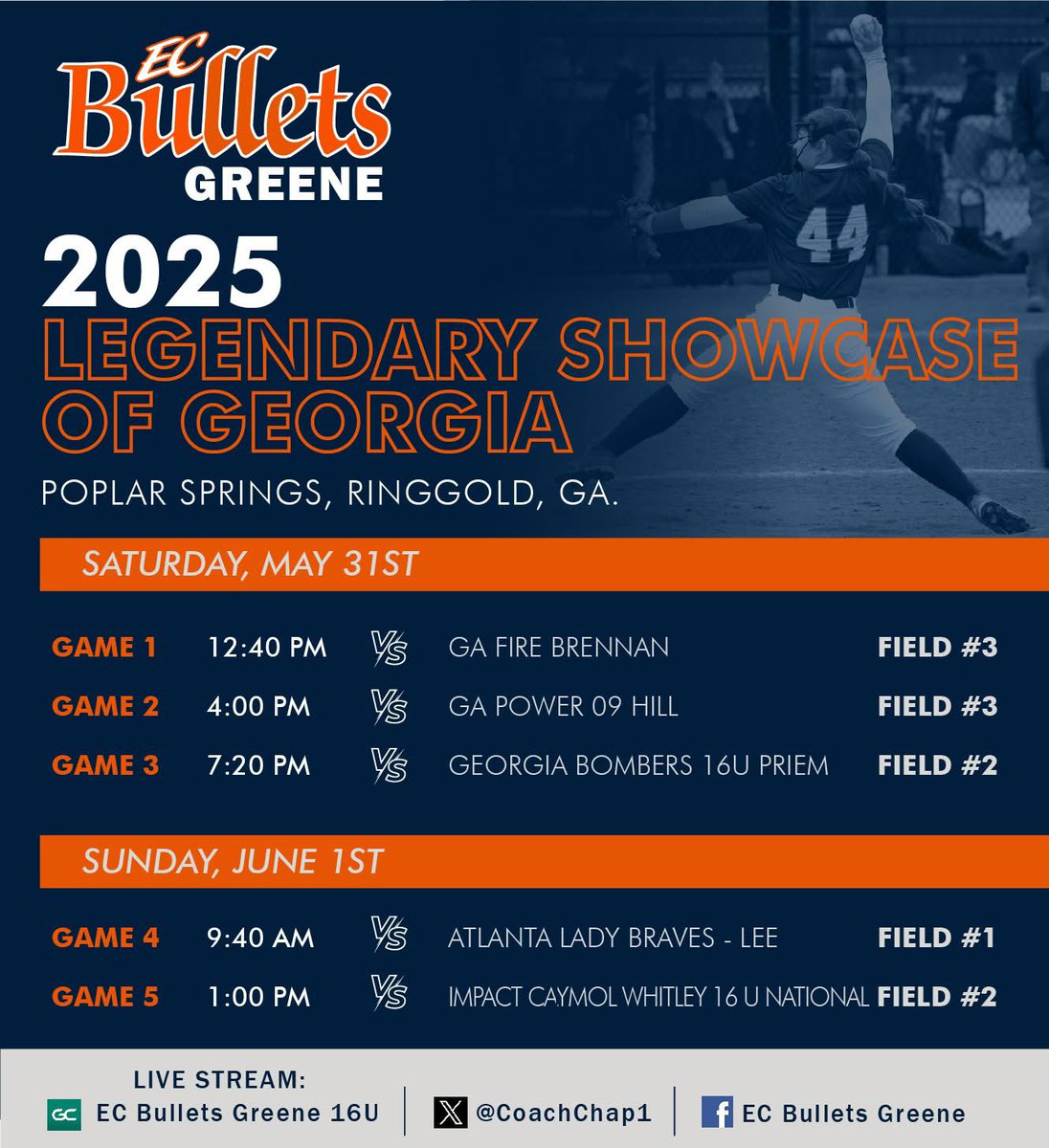 ClaraRamsey2028's tweet image. #ECBullets #Clara2028 @LeahCoffing @ChandlerKyndall 

Schedule is out for Legendary ‘25