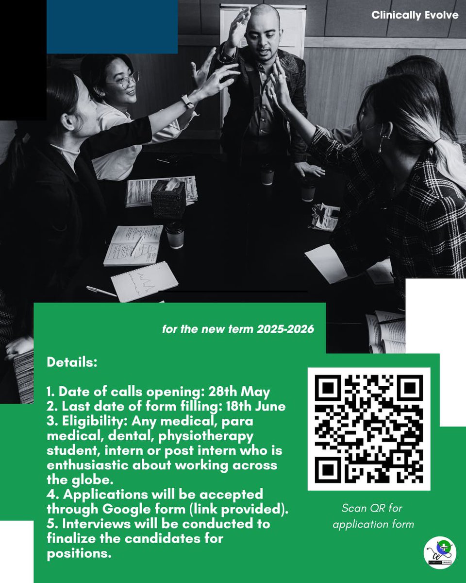 Clinically Evolve is starting their recruitment drive for Term 2025- 2026. Fill the form  below and get a chance to be a part of the National team of Clinically Evolve.🔴🚨

docs.google.com/forms/d/e/1FAI…

Release date: 28th May 2025
Deadline: 18th June 2025