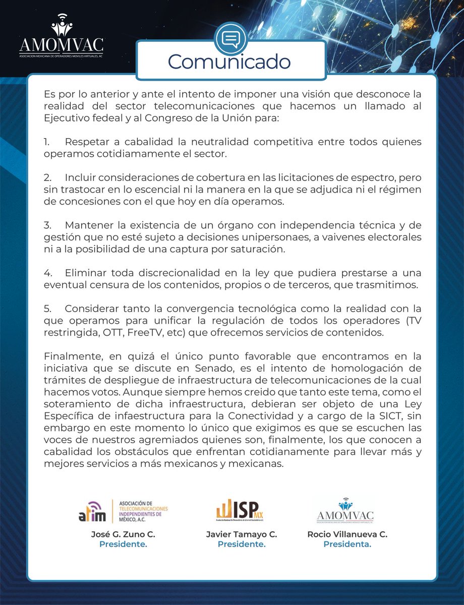 📢 Los pequeños concesionarios alzamos la voz por la conectividad en México. Hoy más que nunca, es fundamental escuchar a quienes operamos en campo.
 Nuestra experiencia y conocimiento técnico son clave para construir una legislación incluyente, moderna y eficaz.