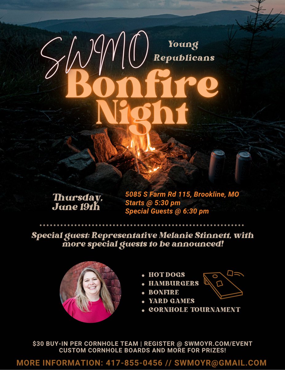 swmoyr's tweet photo. 🔥 Bonfire Night is coming up on Thursday, June 19th with the Southwest Missouri Young Republicans!
👉 More info and RSVP here: https://t.co/7EoeXusWga
👉 Register for cornhole: https://t.co/CKKFzsOOMY
#SWMOYRs #Springfield #YoungRepublicans #YRs #417local https://t.co/N77ZbCFDWr