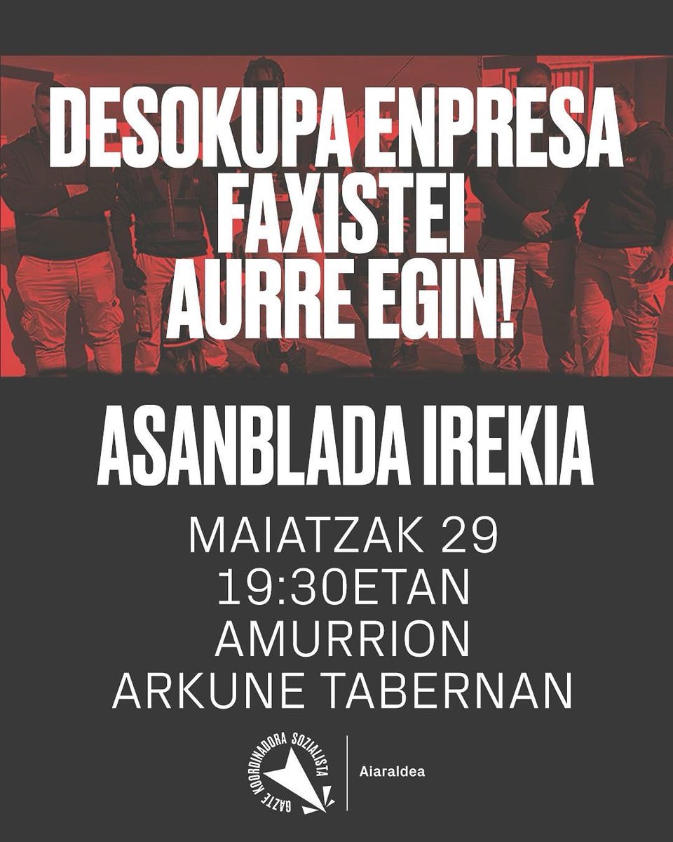 AMA Desokupa enpresa faxista Amurriora itzuli da familia bat etxegabetu nahian.

Bihar (maiatzak 29) erantzuna antolatzeko asanblada bat egingo dugu Arkune Tabernan 19:30etan.

Zabaldu eta gerturatu!

Desokupa enpresa faxistei aurre egin!