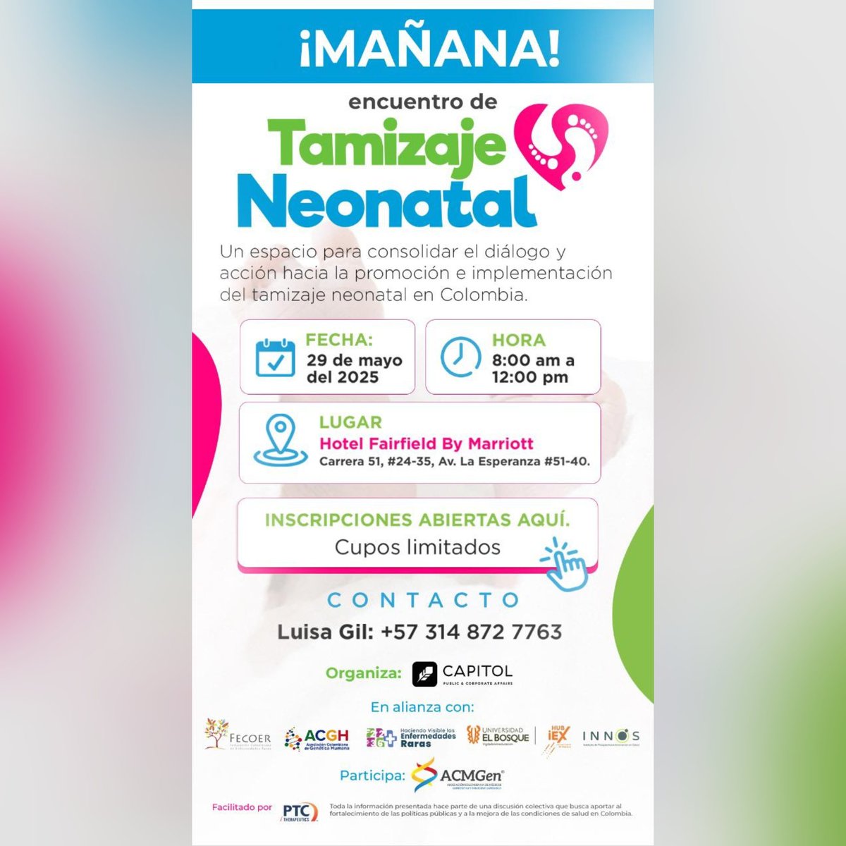 🗓 Te invitamos al Encuentro de Tamizaje Neonatal: “Un compromiso con la equidad y la salud pública en Colombia”

Consulta los detalles del evento y súmate a esta conversación multisectorial.

🔗Inscripción  forms.gle/YADjBn2HgXYNfg…