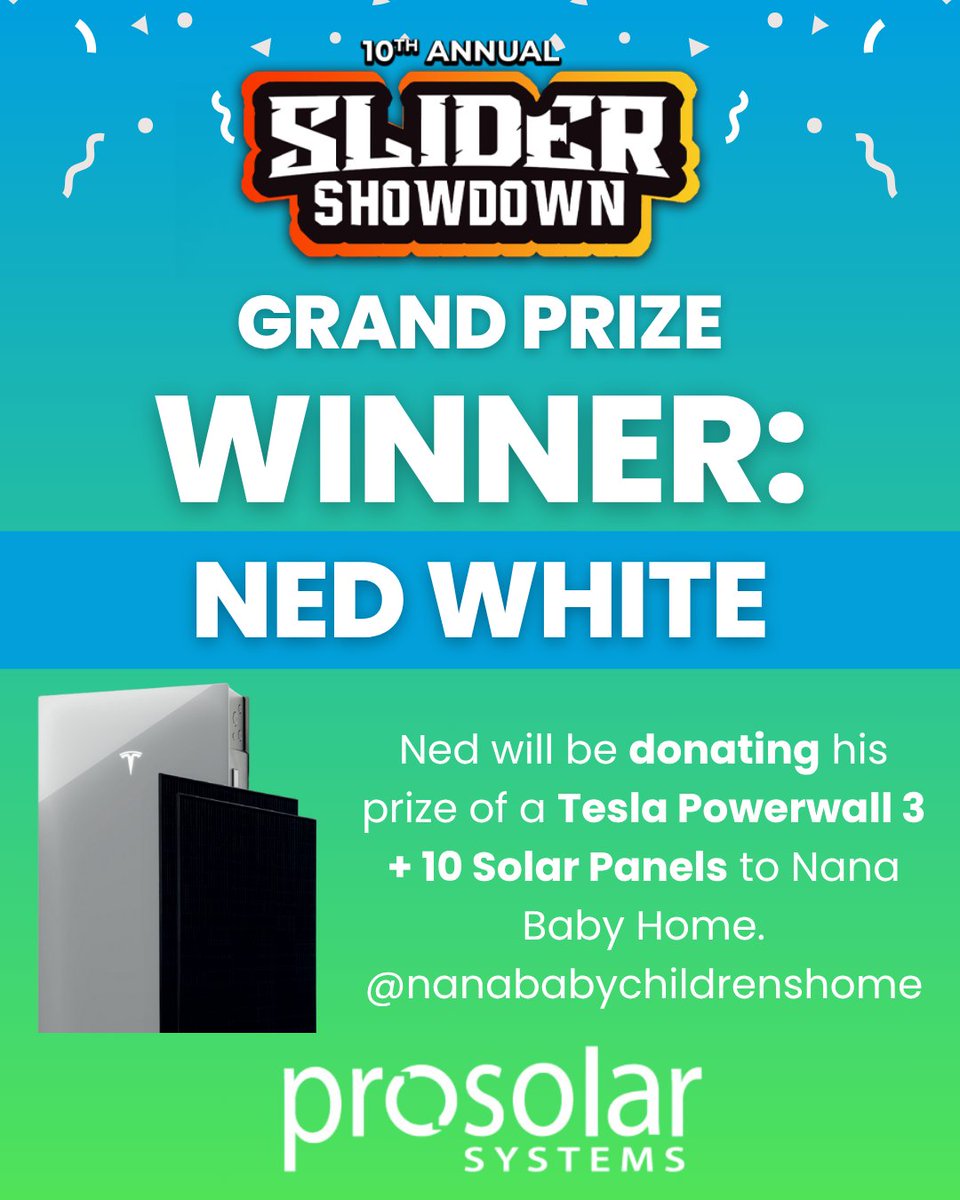 ProSolarAmerica's tweet image. 🎉 Huge congratulations to our Slider Showdown Grand Prize Winner, Ned White! 🎉

Ned is taking his win to the next level by donating his Tesla Powerwall 3 + 10 Solar Panels to @nanababychildrenshome 💚

#SliderShowdown #ProSolarSystems