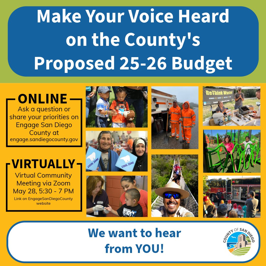 Learn about the County’s recommended budget at a virtual open house this evening (May 28) and leave feedback online at engage.sandiegocounty.gov/budget-2025-27
