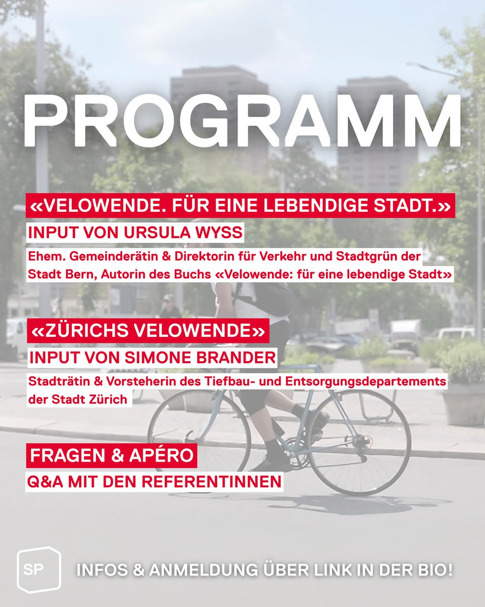 Die #Velowende in Zürich: Die SP lädt Ursula Wyss und Simone Brander zu einem Input-Anlass ins Volkshaus – schon diesen Montag, 2. Juni 2025. #velozh
Weitere Infos und Anmeldung: zuerich.spkantonzh.ch/aktuell/termin…