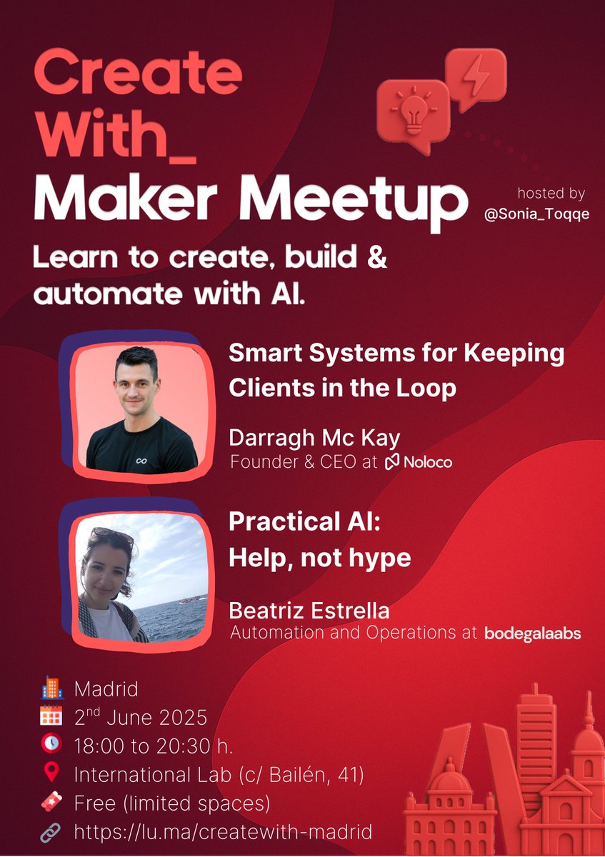 Sonia Toqqe (@sonia_toqqe) on Twitter photo 🚨 Big news: <a href="/CreateWithHQ/">Create With_</a> goes international, starting next Monday in #Madrid 🇪🇸!
2 leading voices in the ecosystem will be in our first meetup:
🎙️ <a href="/darraghmckay/">Darragh Mc Kay</a>, Founder & CEO of <a href="/NolocoHQ/">Noloco</a>
🎙️ <a href="/bodegalaabs/">Triz</a>, Automations & Operations expert
If you're into #AI or #NoCode (or 🚨 Big news: <a href="/CreateWithHQ/">Create With_</a> goes international, starting next Monday in #Madrid 🇪🇸!
2 leading voices in the ecosystem will be in our first meetup:
🎙️ <a href="/darraghmckay/">Darragh Mc Kay</a>, Founder & CEO of <a href="/NolocoHQ/">Noloco</a>
🎙️ <a href="/bodegalaabs/">Triz</a>, Automations & Operations expert
If you're into #AI or #NoCode (or
