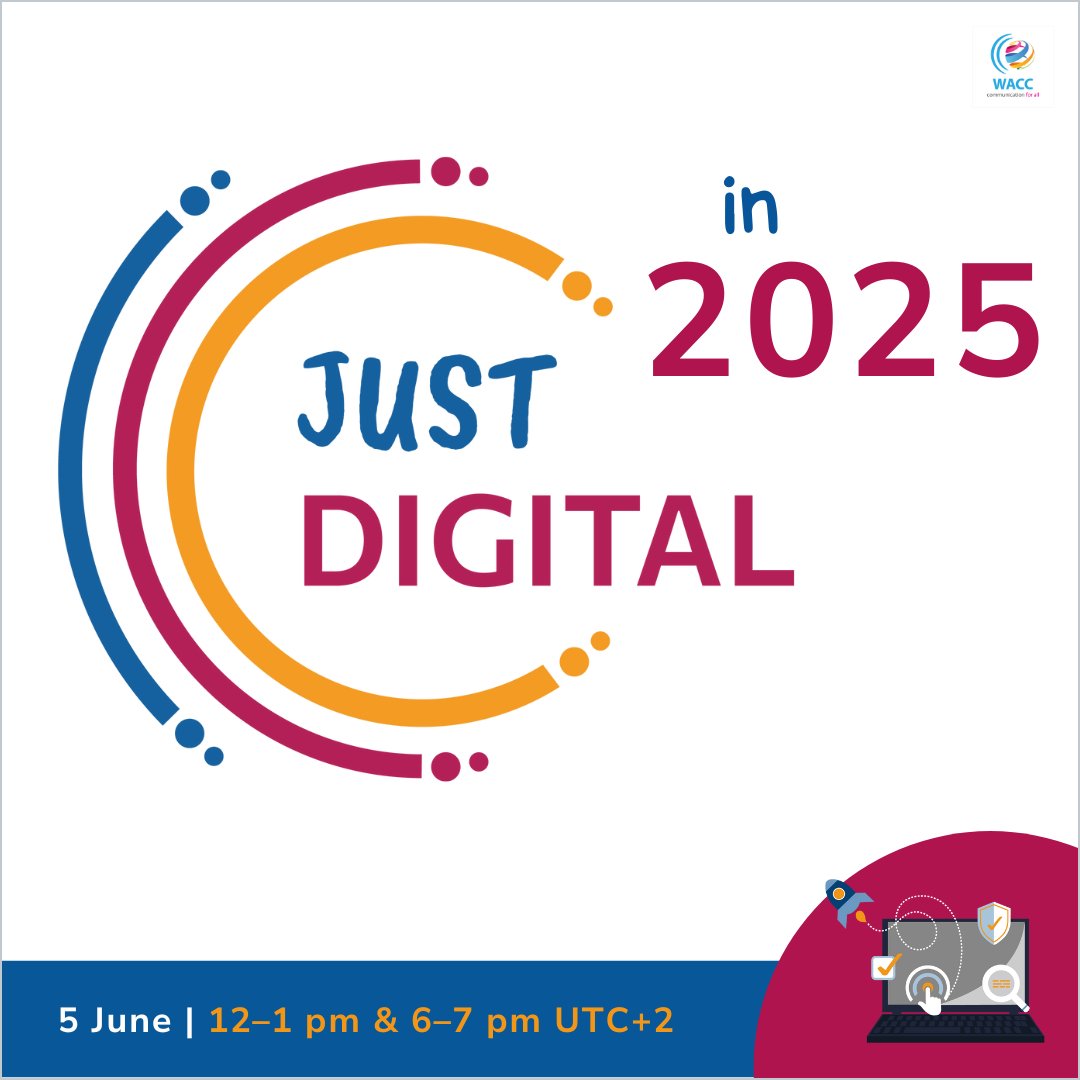 waccglobal's tweet photo. What you need to know about #DigitalJustice in 2025?
Join us on 5 June for a WACC briefing on digital trends, actions & resources! Two sessions to choose from (12 & 6pm UTC+2).
➡️ Learn more & register: https://t.co/2KvMYrqIza
#JustDigital #EthicalAI #CommunicationForAll https://t.co/26GyIsUnEF