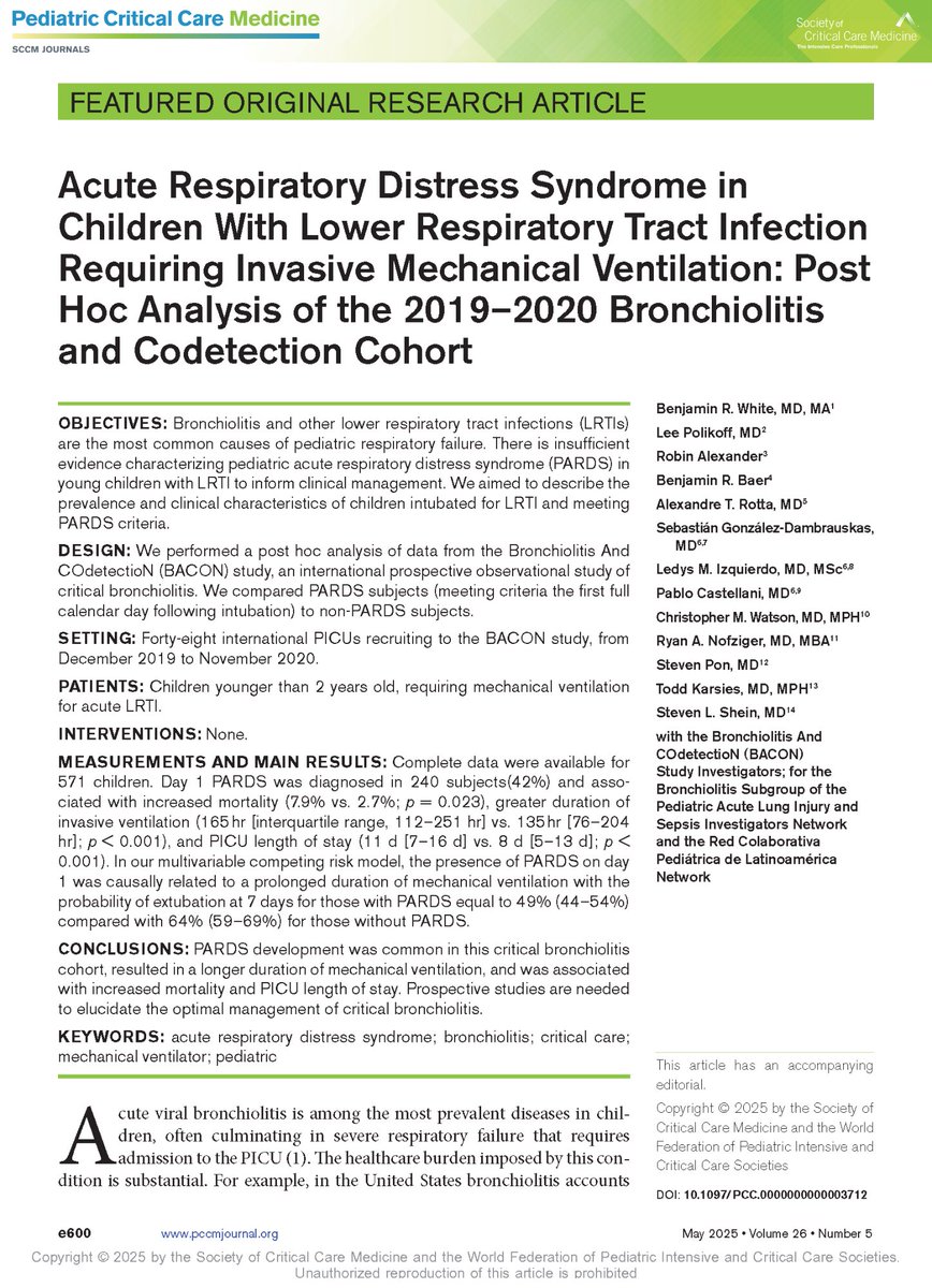 🔍 New research sheds light on pediatric acute respiratory distress syndrome (PARDS) in young children intubated for bronchiolitis and other lower respiratory tract infections (LRTIs).

➡️ Read the original research from PCCM: bit.ly/3ZttM4F

#PedsICU #SCCM <a href="/SCCM/">SCCM</a>