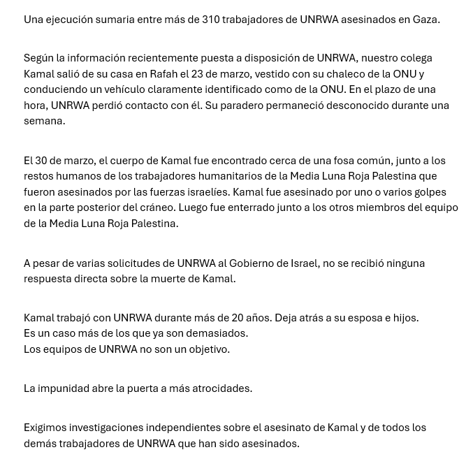 Noticias ONU (@noticiasonu) on Twitter photo 🔴UNRWA denuncia la ejecución sumaria de uno de sus trabajadores a manos de soldados israelíes el pasado 23 de marzo.
"Kamal fue asesinado por uno o varios golpes en la parte posterior del cráneo" <a href="/UNLazzarini/">Philippe Lazzarini</a> 🔴UNRWA denuncia la ejecución sumaria de uno de sus trabajadores a manos de soldados israelíes el pasado 23 de marzo.
"Kamal fue asesinado por uno o varios golpes en la parte posterior del cráneo" <a href="/UNLazzarini/">Philippe Lazzarini</a>