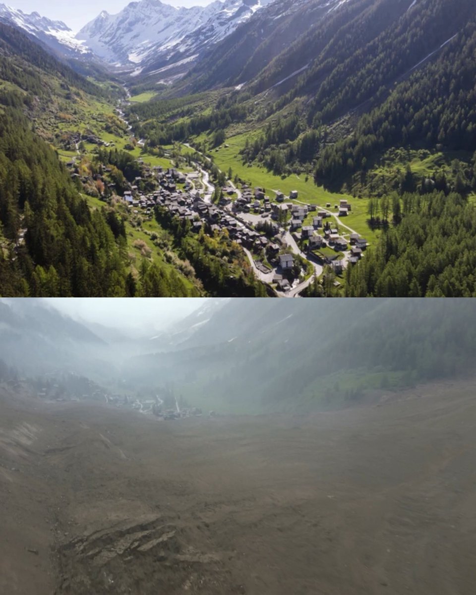 InfosFrancaises's tweet photo. 🇨🇭 SUISSE : Une énorme partie du glacier du Birch s'est effondrée dans le Lötschental, provoquant un séisme de magnitude 3,1 sur l’échelle de Richter. 
Le village de Blatten, qui avait été évacué, est presque totalement détruit en quelques secondes. Une personne est portée disparue. L'armée est appelée en renfort (Schweizer Radio und Fernsehen / Pomona).