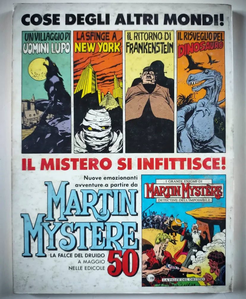 Il mistero si infittisce!

Pubblicità di quarta di copertina tratta da Martin Mystère n.49 per annunciare il numero 50, uscito nel maggio 1986.
♥️

“La falce del druido” (con i disegni del grande Giampiero Casertano) è in edicola in questi giorni nella ristampa di If Edizioni.