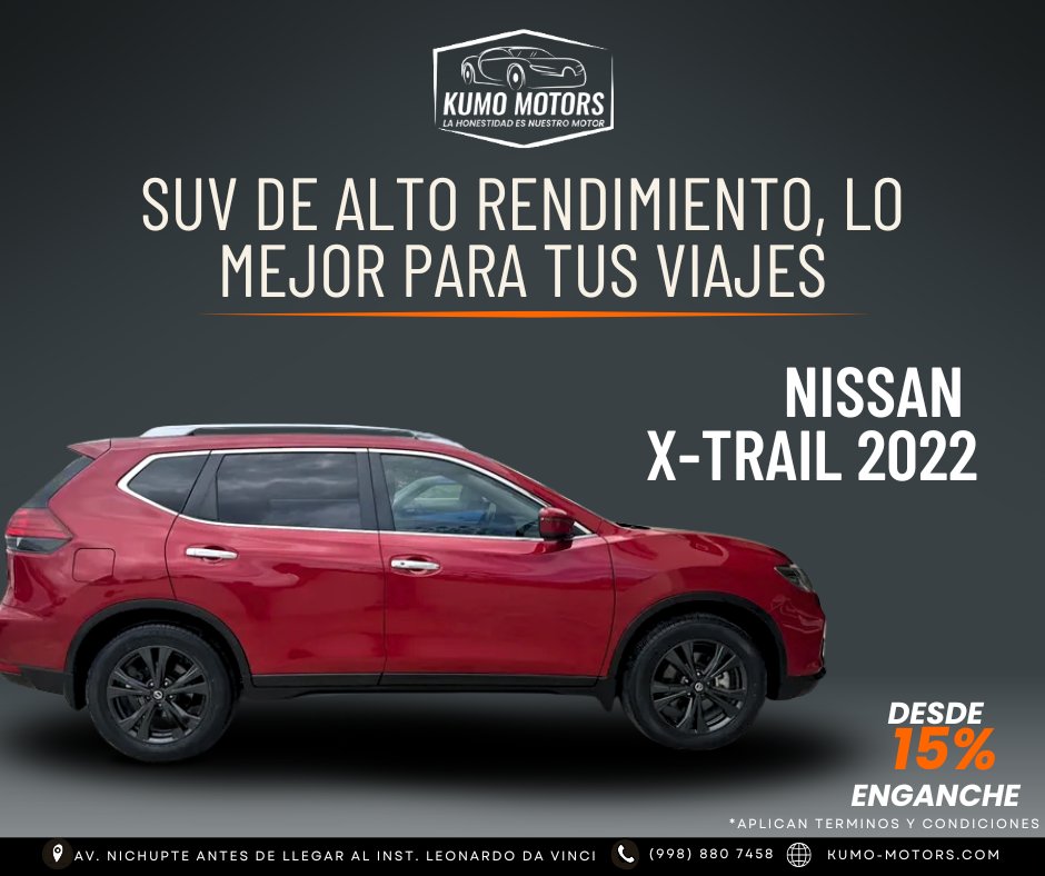 KumoMotors's tweet photo. 🚙 Conquista cada camino con Nissan X-Trail 2022
Comodidad, potencia y alto rendimiento para disfrutar.
💥 ¡Desde 15% de enganche.
📍 Av. Nichupté, PLaza Muray
📞 (998) 880 7458
🌐 https://t.co/AkvGJIgfrA
#NissanXTrail #SUV #ViajaSeguro #KumoMotors #Cancún #AutoIdeal #Estrena https://t.co/vWnz2WEuAU