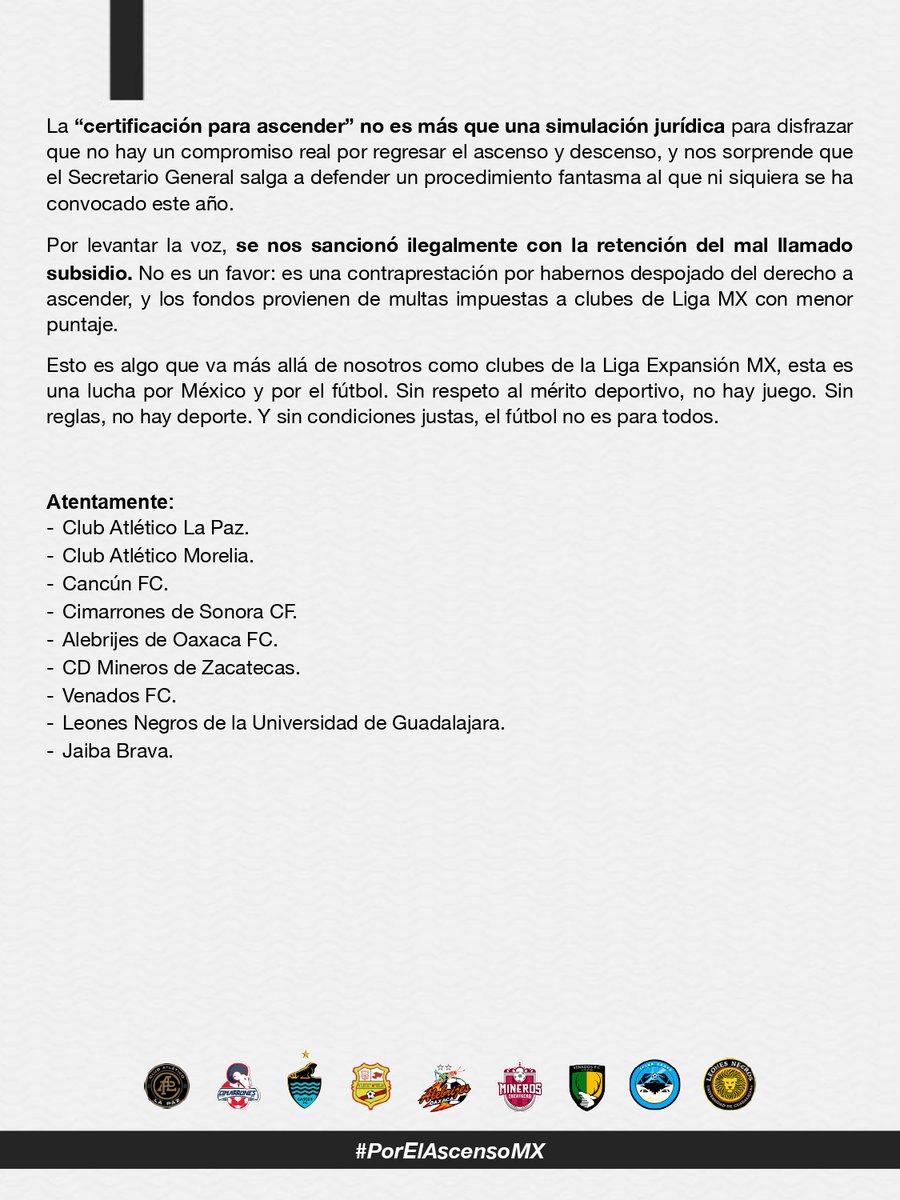 Nueve clubes de la Liga Expansión recurrimos al TAS porque creemos en un fútbol con reglas claras, justicia deportiva y oportunidades reales para todos.

Esta lucha no es solo por nosotros: es por México y el fútbol. 

#PorElAscensoMX #PorUnFútbolParaTodos