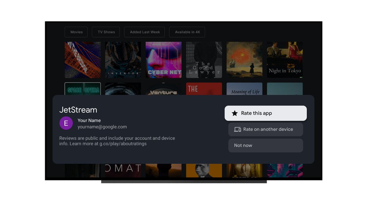 We're bringing the In-App Ratings and Reviews API to TV! 📺
You can now prompt users for feedback directly on the platform, and get valuable qualitative and quantitative info about your app. 

Learn more → goo.gle/3ZtLBk5 #GoogleIO