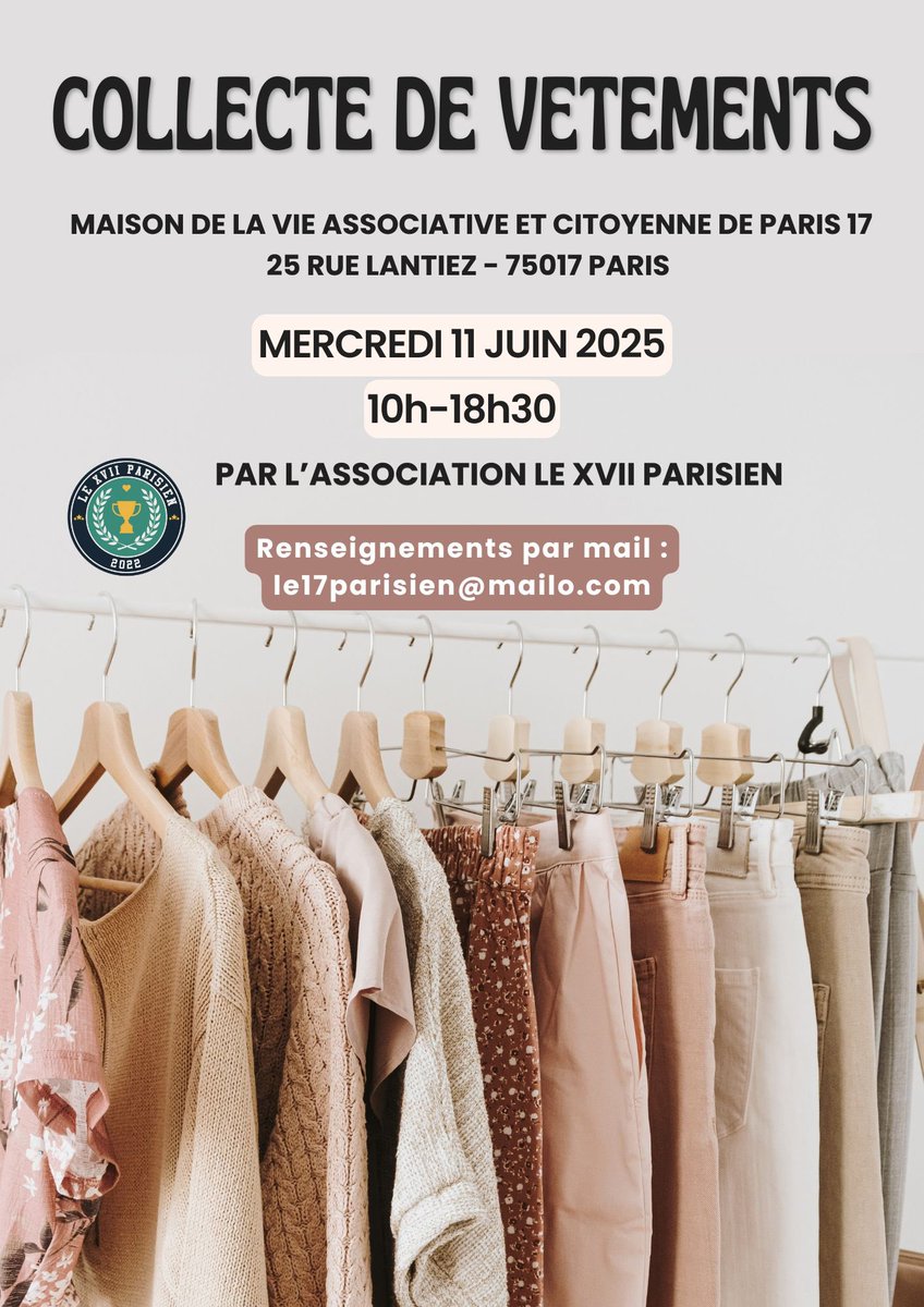 Le mercredi 11 Juin 2025, nous vous donnons rendez-vous pour une collecte de vêtements (Femmes, Hommes, Enfants) de 10h à 18h30 à la Maison des associations de #Paris17 au 25 rue Lantiez.

Les dons seront redistribués aux personnes dans le besoin ! 

#Epinettes #Solidarite #Paris