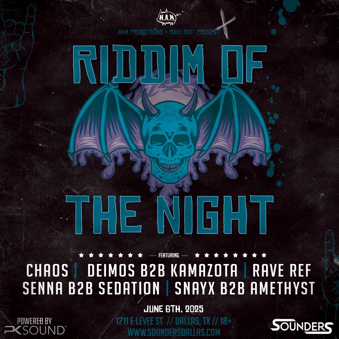 ⚠️🚨NEW SHOW ALERT🚨⚠️

Riddim of the Night is back Friday June 6th but this time Rave Ref Presents is taking over with a STACKED lineup 🏁

If you love riddim you don’t want to miss this one…

SoundersDallas.com 🎫
