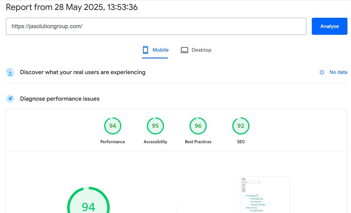 SNTechpros's tweet photo. And in the usual #SNTech fashion, the core web vitals are top notch. These are for mobile, imagine the stats for Desktop 🤯 https://t.co/g0aq4rkDXr