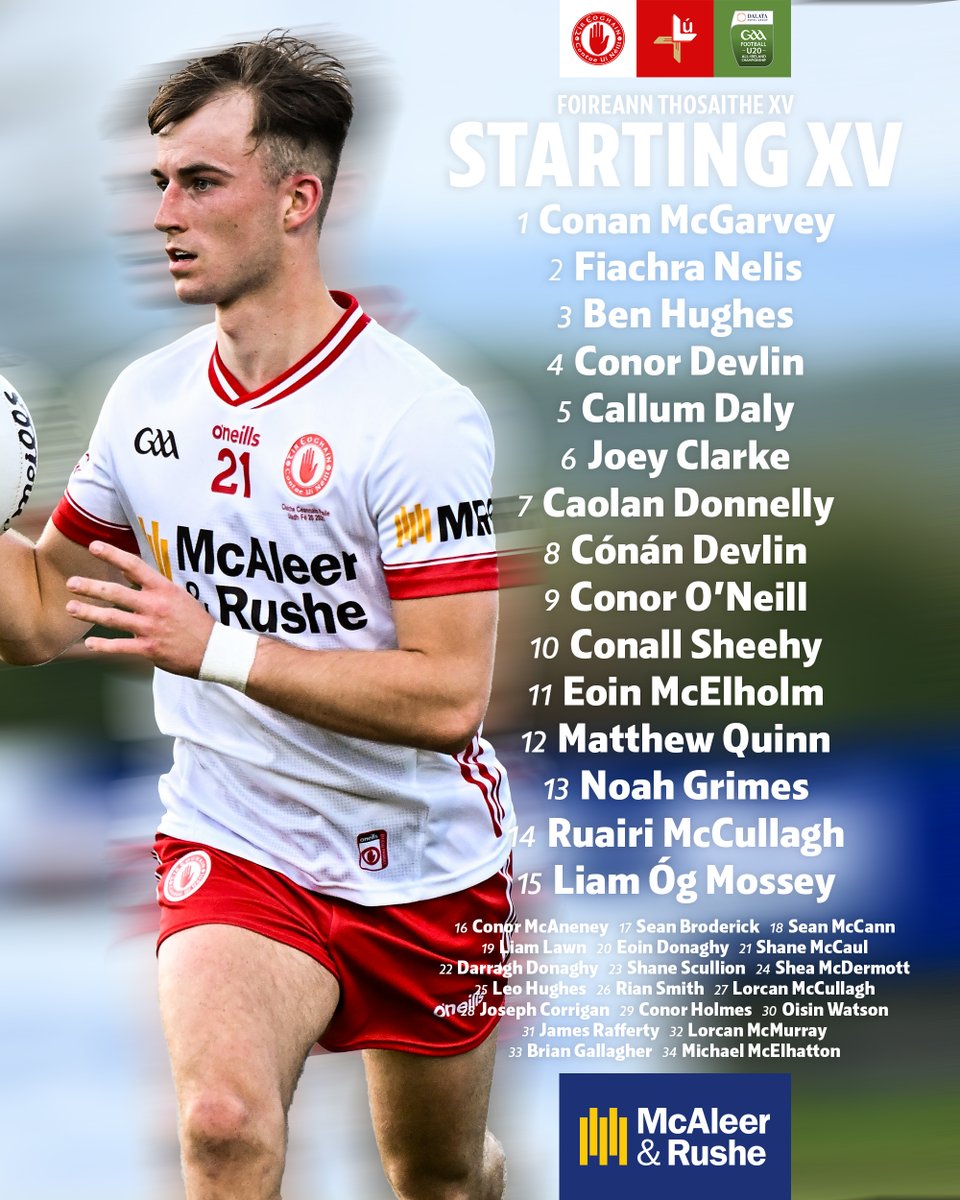 TyroneGAALive's tweet photo. 📣 Here's our Starting XV for tonight's All-Ireland U20 Football Championship Final against Louth.

🆚 Tyrone v Louth
📆 Wednesday 28th May | 7.30pm
📍 BOX-IT Athletic Grounds, Armagh

#RedHandRising https://t.co/3QcBtj8wNL