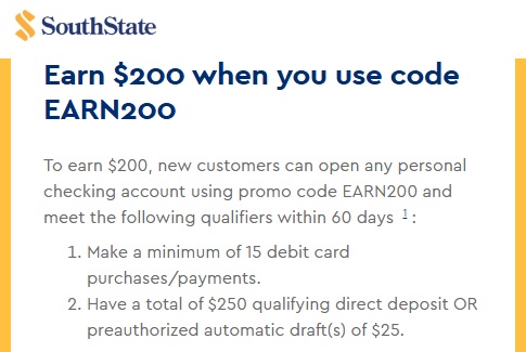 BankMindful.com (@bankmindful) on Twitter photo $200 bonus from <a href="/SouthStateBank/">SouthState Bank</a> for opening a new checking account using promo code EARN200. Within 60 days, you must have 15 debit purchases and $250 in direct deposits. Available in AL, CO, FL, GA, NC, SC, TX and VA.
southstatebank.com/personal/bank/… $200 bonus from <a href="/SouthStateBank/">SouthState Bank</a> for opening a new checking account using promo code EARN200. Within 60 days, you must have 15 debit purchases and $250 in direct deposits. Available in AL, CO, FL, GA, NC, SC, TX and VA.
southstatebank.com/personal/bank/…