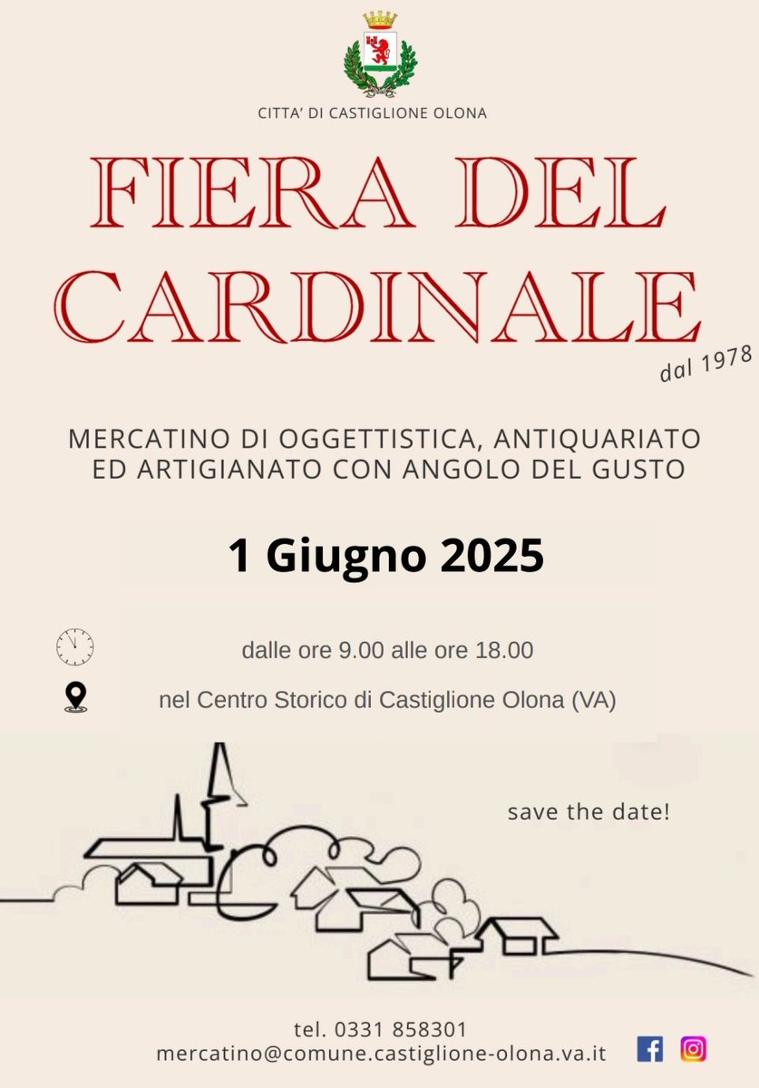 ComuneCastOlona's tweet photo. #FieraDelCardinale domenica 1 giugno 2025 appuntamento con la tradizionale FIERA DEL CARDINALE, il mercatino dell’antiquariato e dell’artigianato di Castiglione Olona, dalle ore 9.00 alle ore 18.00 in Centro Storico. - Per INFO: https://t.co/RPwiwYu9xI

#CastiglioneOlona https://t.co/zW9qWQwt0C