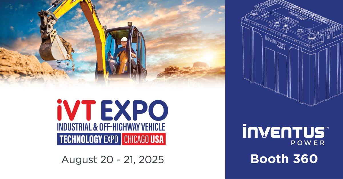 Inventus Power (@inventuspower) on Twitter photo We're excited for <a href="/ivtexpo/">Industrial Vehicle Technology Expo</a> in Chicago, Aug 20–21, 2025! Discover how we simplify off-highway vehicle electrification with our advanced Li-ion battery solutions, global certifications, integration support & more! Visit Inventus Power Booth 360 to see how #WeMakeLithiumWork! We're excited for <a href="/ivtexpo/">Industrial Vehicle Technology Expo</a> in Chicago, Aug 20–21, 2025! Discover how we simplify off-highway vehicle electrification with our advanced Li-ion battery solutions, global certifications, integration support & more! Visit Inventus Power Booth 360 to see how #WeMakeLithiumWork!