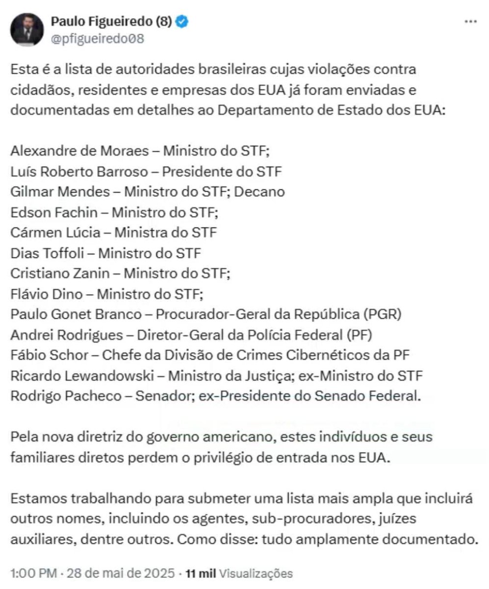 🧧 U R G E N T E:
Segundo o jornalista Paulo Figueiredo,nomes de autoridades brasileiras já estariam na mira dos EUA para sanções sob a Lei Magnitsky, incluindo perda de visto.

⚖️ Que a justiça alcance todos os envolvidos,sem seletividade!
/Moraes Barroso Flávio Dino Gonet