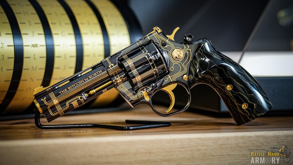 One of the most exclusive revolvers the industry has ever crafted, brought  forth by none other than Korth. The Bitcoin by Korth is an absolute  masterpiece. Nearly 20 feet of 24-karat gold