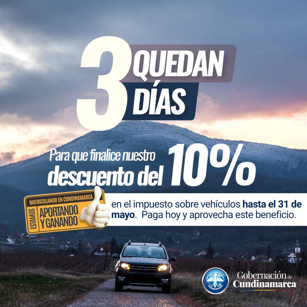 ¿Aún debes tu impuesto sobre vehículos 2025? 🚙🚕🚗 
Recibe 10% de descuento por pronto pago aquí 👉🏼 cundinamarca.gov.co/dependencias/s… ¡aprovecha esta oportunidad y ahorra con Cundinamarca! Quedan pocos días ⏰ 🗓️