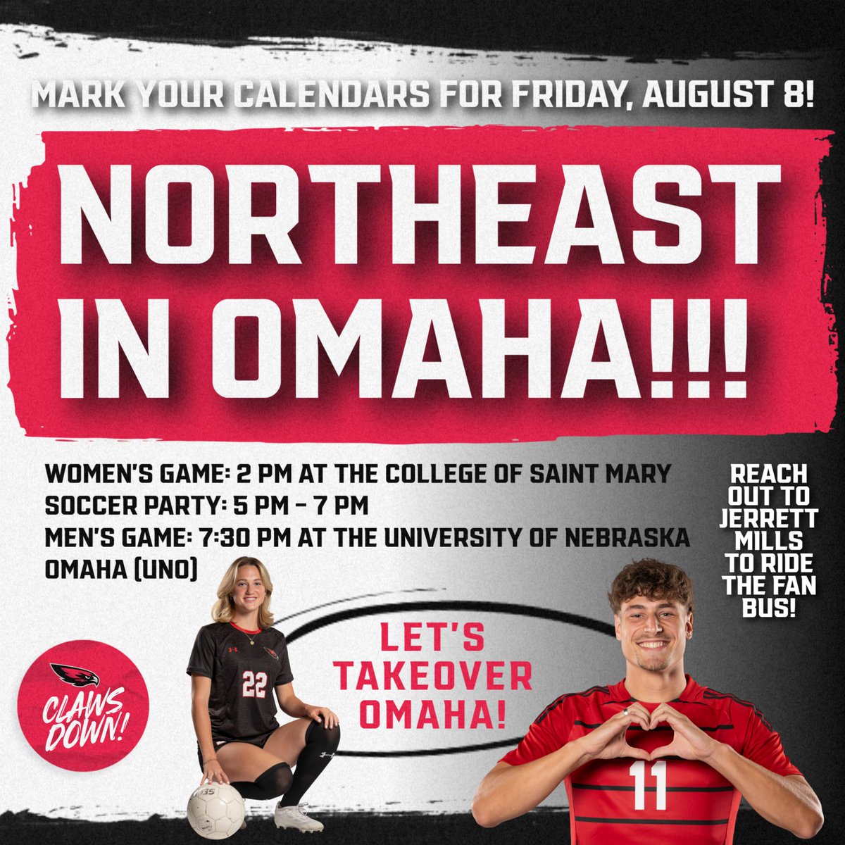 Northeast Athletics (@northeasthawks) on Twitter photo ๐๐จ๐ซ๐ญ๐ก๐๐๐ฌ๐ญ ๐ข๐ง ๐๐ฆ๐๐ก๐! ๐๏ธ
You donโt want to miss this!
Northeast will take on NAIA College of Saint Mary and NCAA DI UNO in Omaha!
Andโฆ there will even be a fun-filled party between games!
Contact jmills2@northeast.edu to ride the fan bus!
#ClawsDown | ๐ดโซ๏ธโช๏ธโฝ๏ธ ๐๐จ๐ซ๐ญ๐ก๐๐๐ฌ๐ญ ๐ข๐ง ๐๐ฆ๐๐ก๐! ๐๏ธ
You donโt want to miss this!
Northeast will take on NAIA College of Saint Mary and NCAA DI UNO in Omaha!
Andโฆ there will even be a fun-filled party between games!
Contact jmills2@northeast.edu to ride the fan bus!
#ClawsDown | ๐ดโซ๏ธโช๏ธโฝ๏ธ