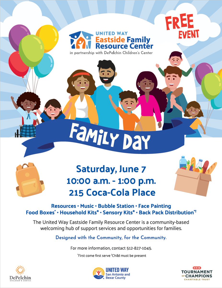 GoodSamTX's tweet photo. The United Way Eastside Family Resource Center is hosting its 2nd Annual Family Day. 🥳

It is a FREE, family-friendly event with interactive activities like a bubble station, face painting, a gaming truck, and an infant play area! 🛝 https://t.co/XHtOL76RYS