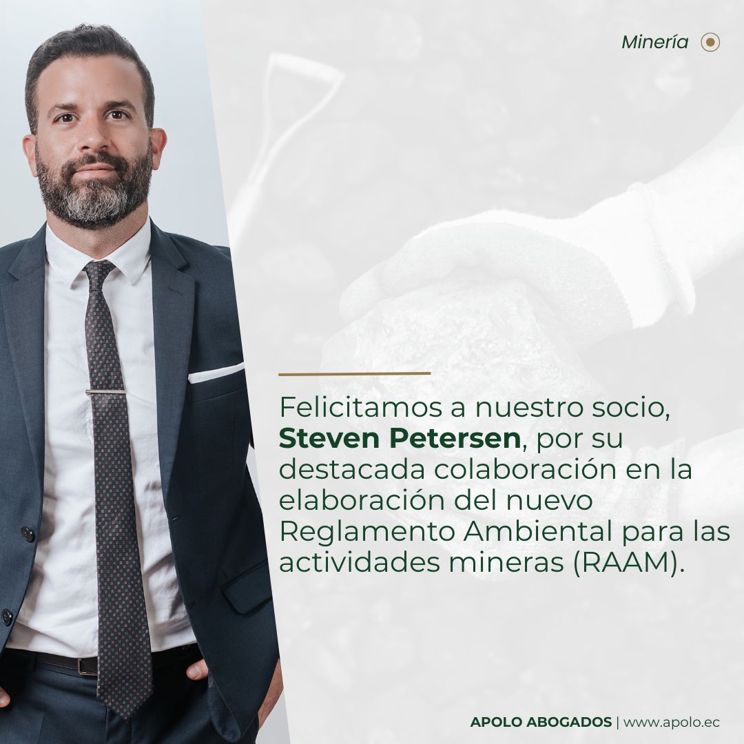 Nuestro socio Steven Petersen lideró la redacción del Reglamento Ambiental para las Actividades Mineras, en colaboración con el MAATE y las empresas del sector, alineando criterios de conservación, monitoreo y recuperación ambiental con las necesidades operativas de la industria.