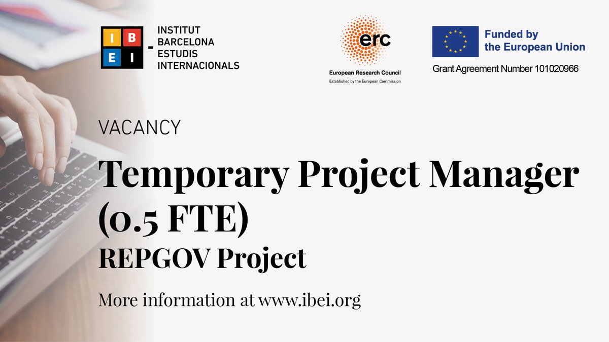 Institut Barcelona d'Estudis Internacionals (@ibei) on Twitter photo 📣#VACANCY | Temporary Project Manager (0.5 FTE) to provide maternity leave cover on the research project “Representative Government Through Democratic Governance (REPGOV)”, funded by <a href="/ERC_Research/">European Research Council (ERC)</a>.
🔗 All the info: t.ly/5VJr1
⌛️ Apply by June 6, 2025 📣#VACANCY | Temporary Project Manager (0.5 FTE) to provide maternity leave cover on the research project “Representative Government Through Democratic Governance (REPGOV)”, funded by <a href="/ERC_Research/">European Research Council (ERC)</a>.
🔗 All the info: t.ly/5VJr1
⌛️ Apply by June 6, 2025