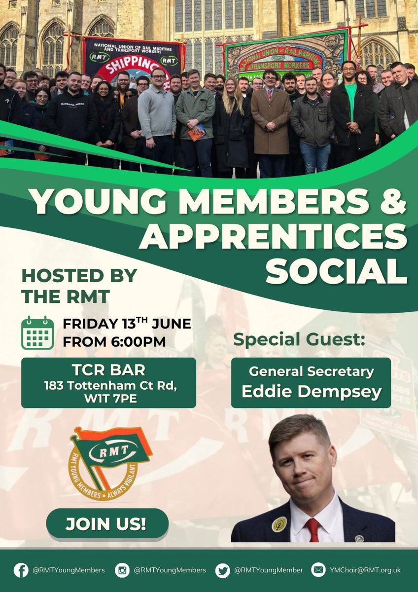 YOUNG MEMBERS AND APPRENTICES🗣️

We’re running a social Friday 13th at TCR Bar, with special guest General Secretary Eddie Dempsey! It’ll be a good laugh so come along! Refreshments provided🍺

Nearest tube stop: Goodge Street

See you there🤝