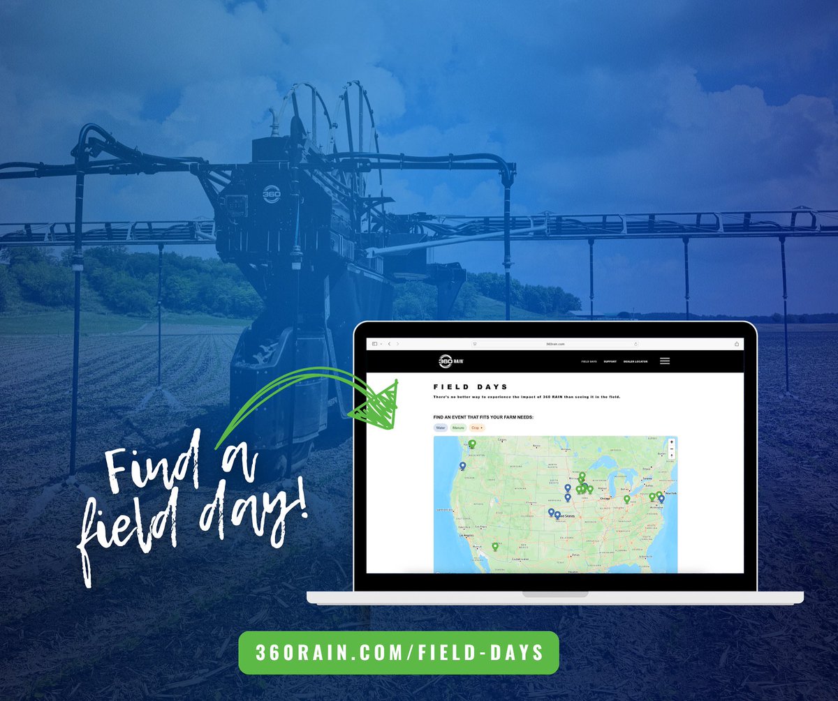 💦 RAIN Field Days are here!
 See 360 RAIN in action across the U.S. &amp; Canada in crops like corn, soybeans, onions &amp; more. Water &amp; manure applications vary by site.
➡️ Find an event near you: 360rain.com/field-days
 More dates added soon — don’t miss out!