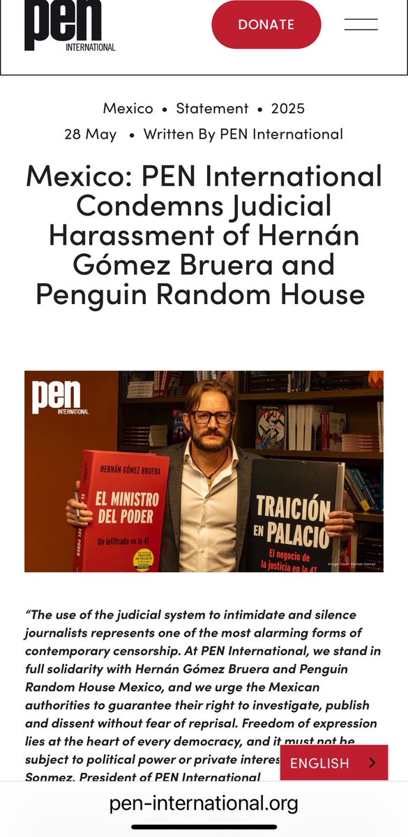 Frente al acoso judicial en mi contra y los intentos de censura a mi y a la editorial <a href="/penguinlibrosmx/">Penguin Libros México</a> por la publicación de “Traición en Palacio”, agradezco el apoyo de Pen Internacional, organización mundial de escritores que promueve la libertad de expresión y la defensa de