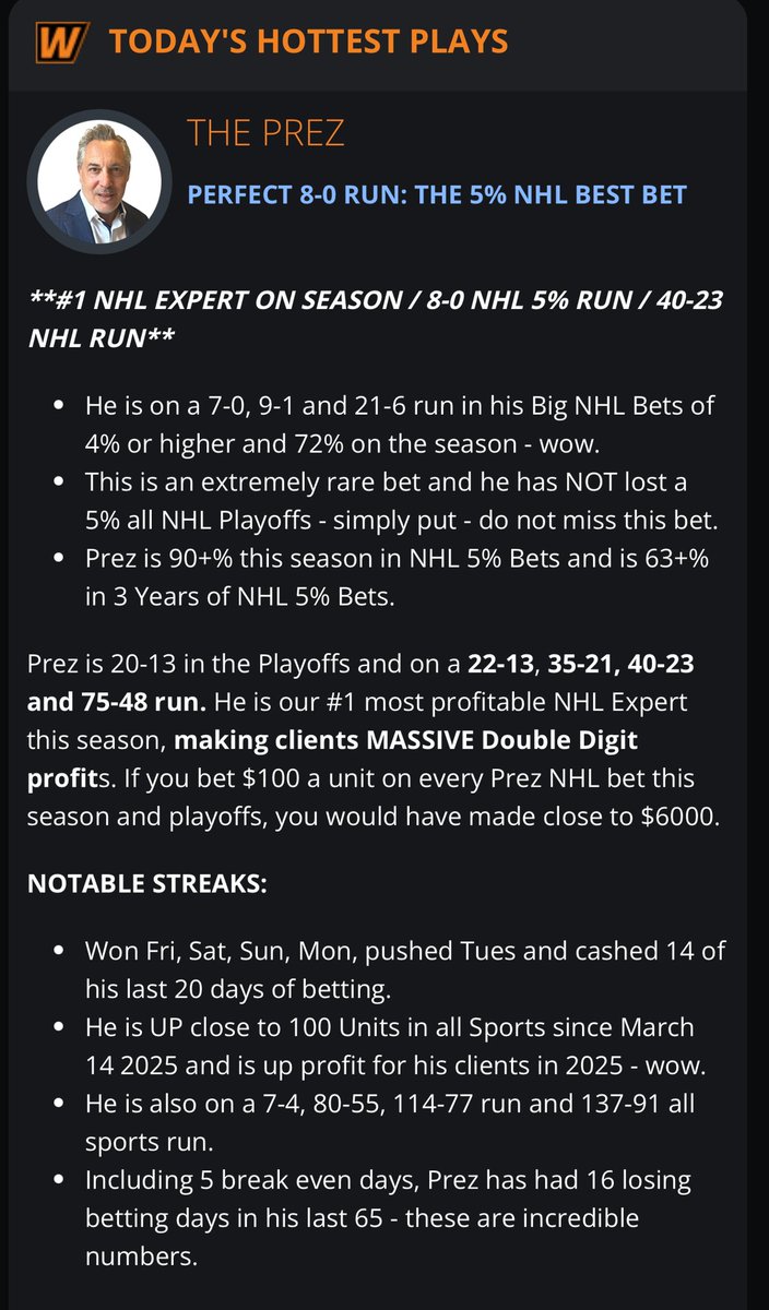 BIG RARE BET ALERT: We won our 4% big bet Tuesday and today is a STEP OUT bet. I am taking my 8-0 5% NHL run into tonight’s game with another 5% bet. Use the bio in my link to get my bet and thank you guys. Let’s all win together. <a href="/WagerTalk/">WagerTalk</a>