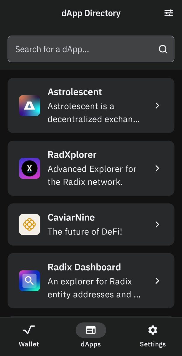 #Radix wallet update:

A new d'app directionary finally got implemented. You can now explore all the d'apps you like.

What could be better?
What is still missing in the wallet?

Share your thought in the comments. ✍️