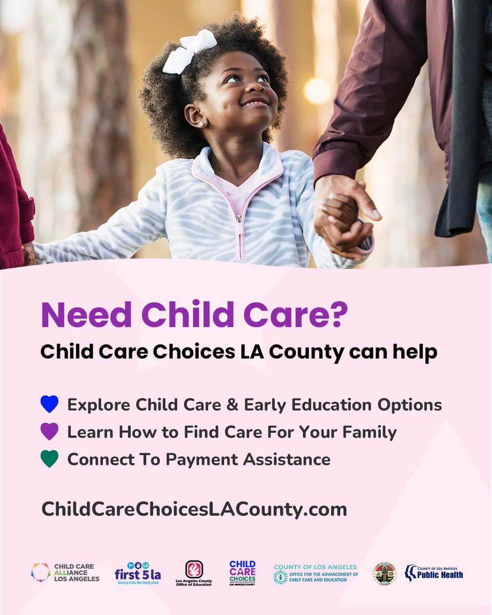 lapublichealth's tweet photo. Need child care? visit: https://t.co/78uV8K0S2h
● Learn about childcare and early education programs available in your area.
● Connect to resources and find options for your family.
● Find out how to get help and explore payment assistance.
#ChildCareChoicesLACounty #LACDPH https://t.co/27qvBovFaE