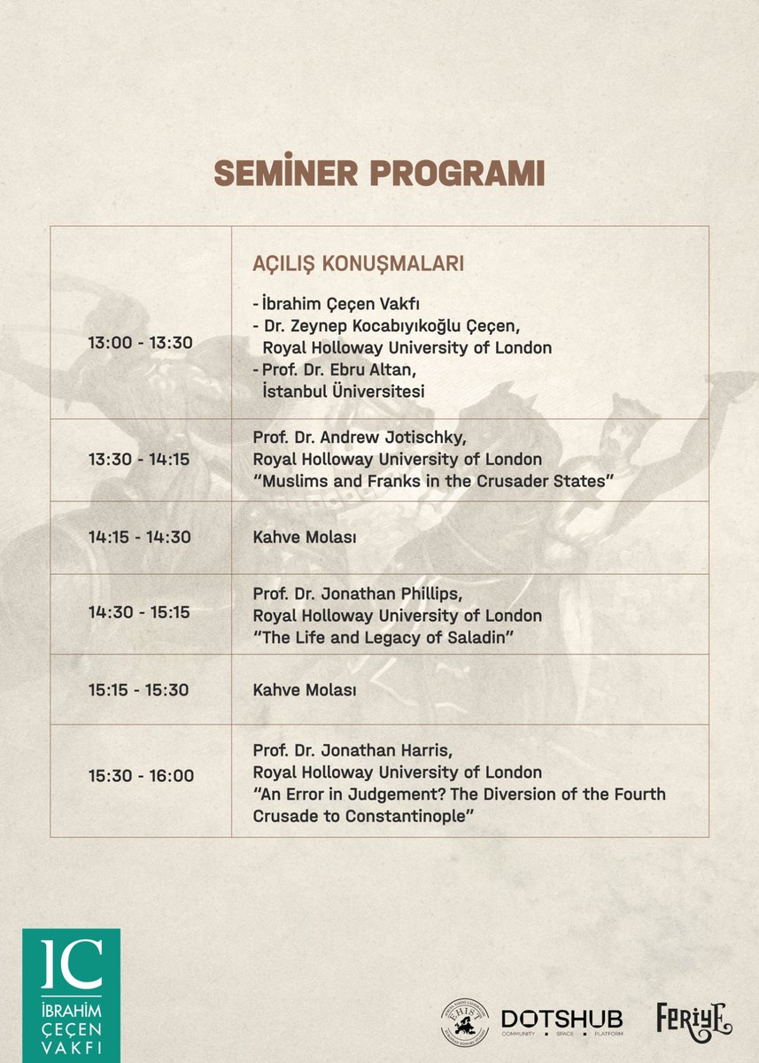 İstanbul'da 150 Yıllık Feriye Sarayında Tarihe Yolculuk: 930 Yıl Sonra Haçlı Seferlerine Yeni Bir Bakış konulu seminerimiz 20 Eylül 2025 tarihinde Feriye Sinema Salonunda yapılacaktır. 
Sunumların dili İngilizce olup Türkçe altyazı ve görsel materyallerle desteklenecektir.