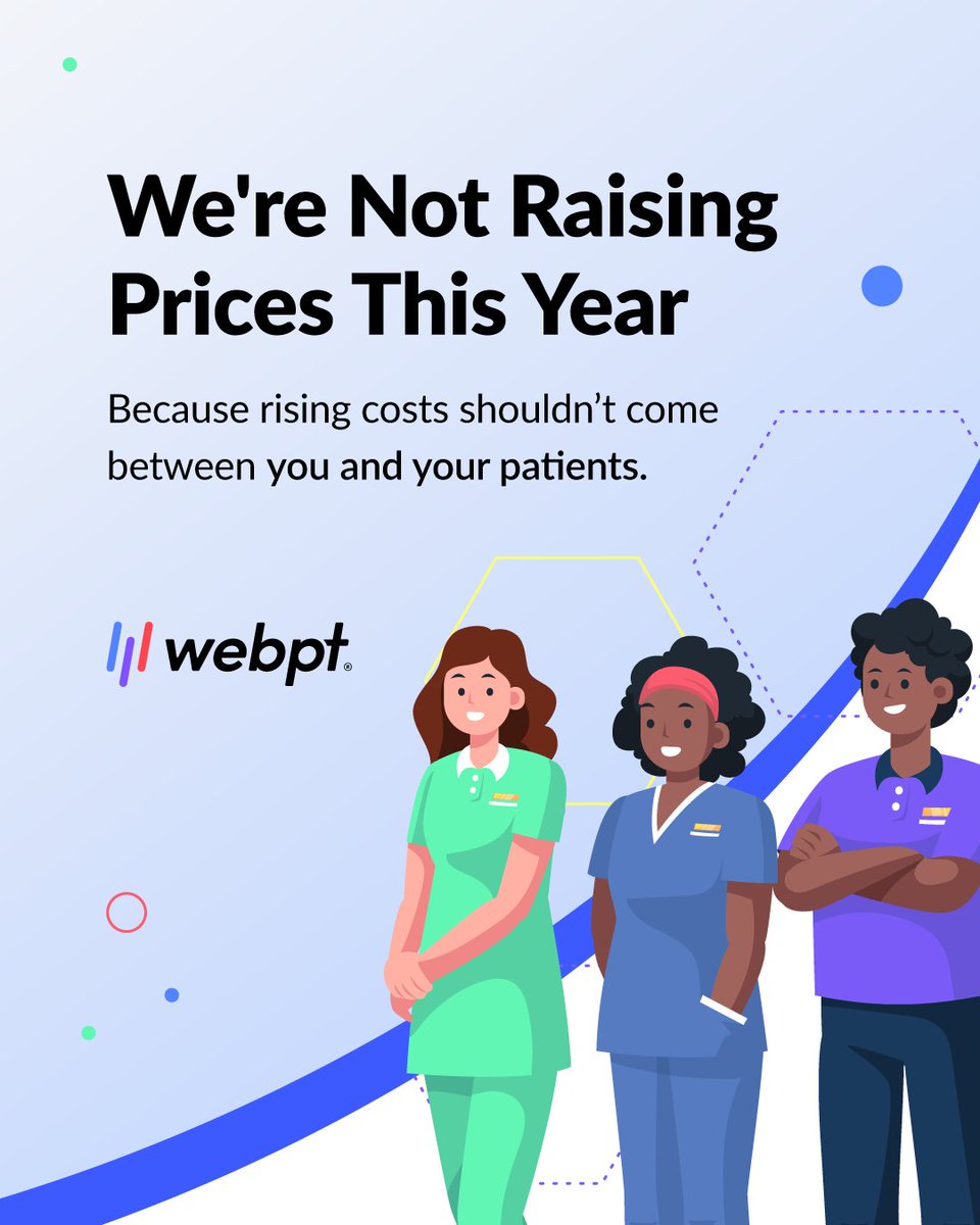 WebPT's tweet image. No price hikes here. Because private practices are under enough pressure, and we’re here to support you, not add to it. 💙

#PhysicalTherapy #PrivatePractice #WebPT #MemberSuccess #PTcommunity