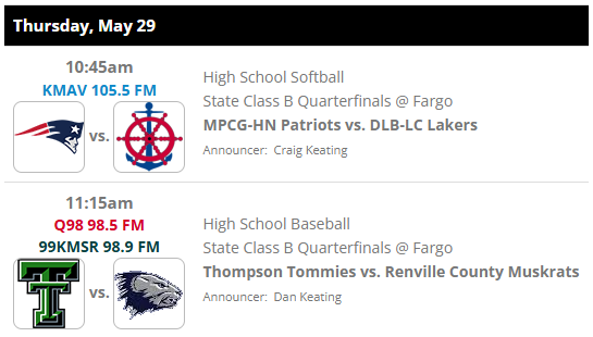 Craig Keating (@craigkeating) on Twitter photo Tune in tomorrow for Patriots softball on <a href="/KMAV/">KMAV & 99KMSR Radio</a> and Tommies baseball on Q98 and 99KMSR. Good luck to the teams at the state tournament! Follow the action Thursday through Saturday. Go to KMAV.com/sports to listen online or view schedule updates.
#NDpreps Tune in tomorrow for Patriots softball on <a href="/KMAV/">KMAV & 99KMSR Radio</a> and Tommies baseball on Q98 and 99KMSR. Good luck to the teams at the state tournament! Follow the action Thursday through Saturday. Go to KMAV.com/sports to listen online or view schedule updates.
#NDpreps