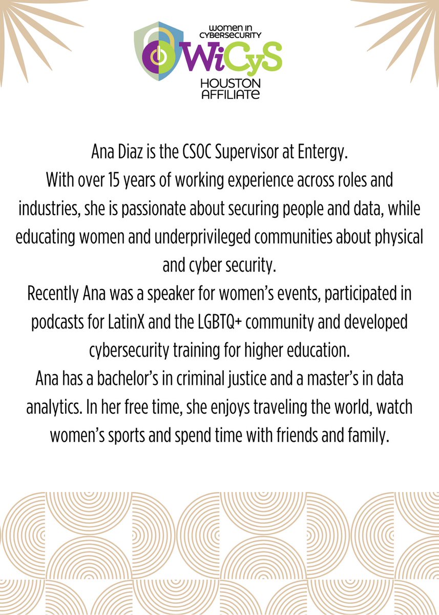 📰 Exciting News!!! 📢

Welcome to the team, Ana Diaz! She is an incredible communicator, advocate and friend to WiCyS Houston Affiliate and we are excited to have her focus on running our Technical Events for 2025 and beyond!
#cybersecurity #levelup #wicyshouston #techleaders