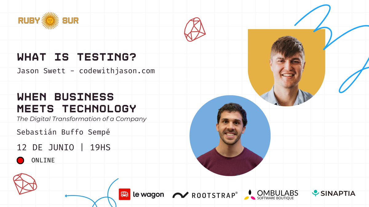 El 12/Junio es nuestra próxima meetup. Este mes contamos con dos grandes speakers:
* Sebastián Buffo Sempé, VP en LatAm de Le Wagon
* Jason Swett, hosts de uno de los podcasts de ruby más populares: codewithjason.com