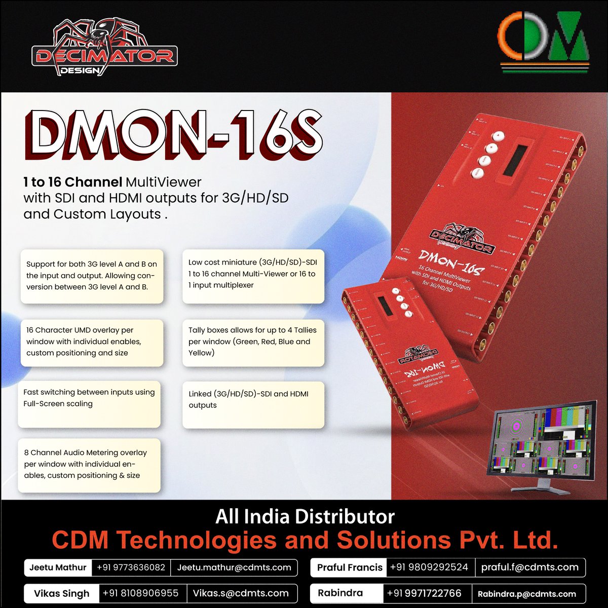 CDMTS's tweet image. Decimator 1 to 16 Channel MultiViewer with SDI and HDMI outputs for 3G/HD/SD and Custom Layouts.
#Decimator
#MultiViewer
#SDI
#3GHDSD