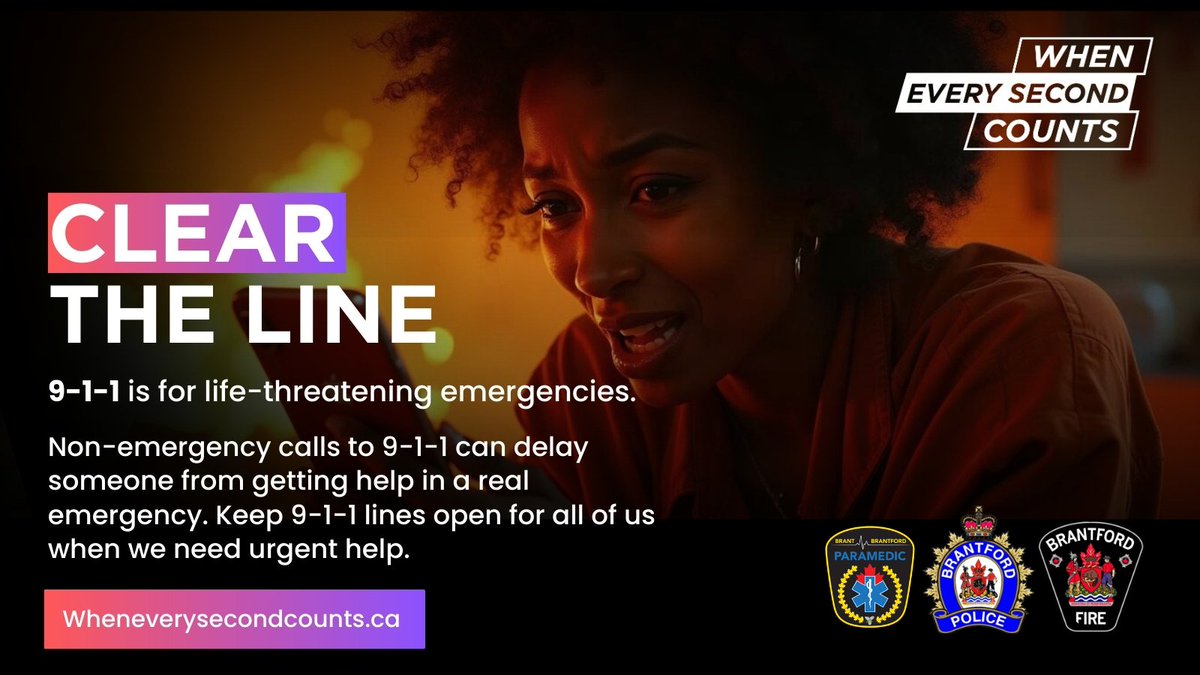 Non-emergency calls can delay first responders when every second matters. Let’s make sure 9-1-1 stays open for those who truly need it. #ClearTheLine #ThinkBeforeYouDial #WhenEverySecondCounts @brantfordfiredepartment @brantcountyparamedics