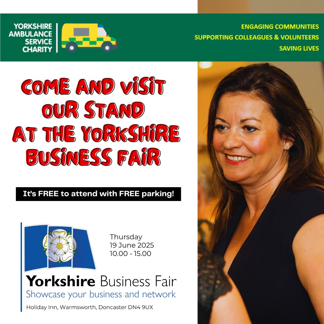 Visit the YORKSHIRE AMBULANCE SERVICE CHARITY stand on Thursday 19 June 2025 at the Yorkshire Business Fair in Doncaster. FREE to attend with FREE parking. Network with 100’s of visitors!
REGISTER TO ATTEND by clicking here: eventbrite.co.uk/e/yorkshire-bu….
#YorksAmbulance  #yas_charity